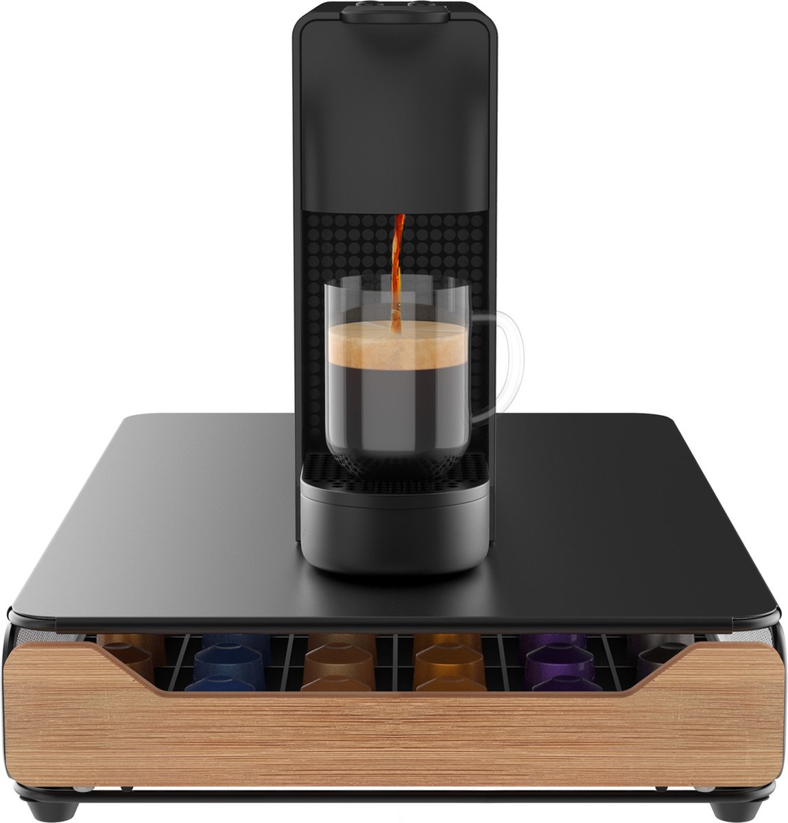 KitchenLove capsulehouder met lade in zwart met bamboe